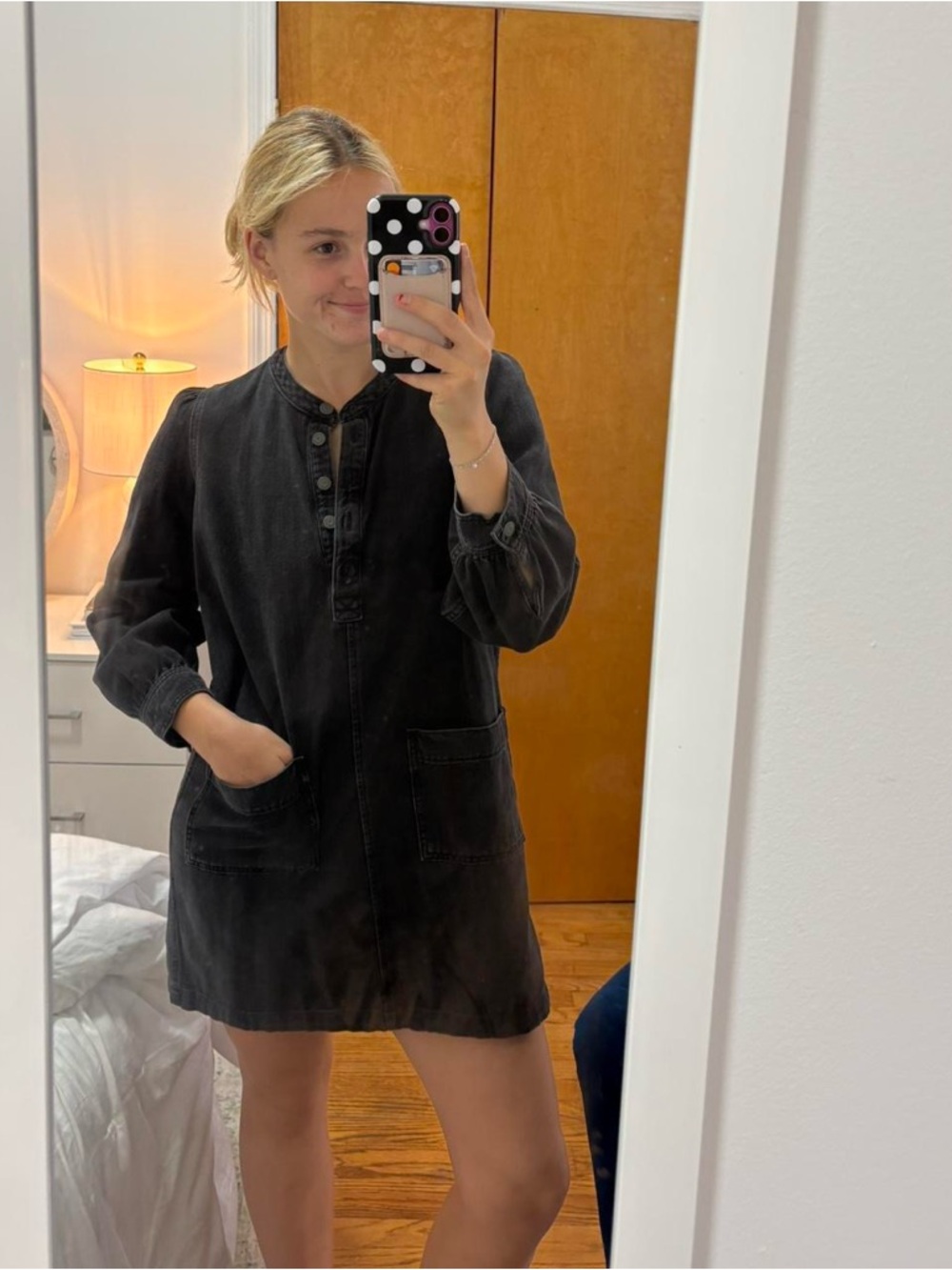 Madewell Black Button-Front Shift Dress with Patch Pockets